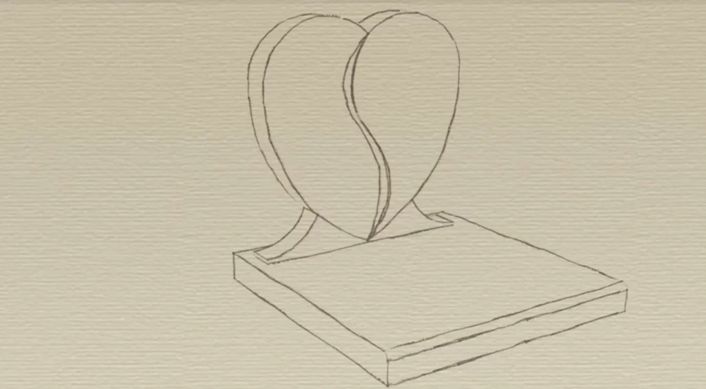 Croquis crayon d'une plaque funéraire double cœur.