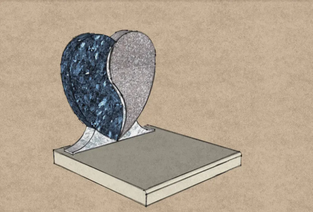 Plan 3D couleur monument funéraire cœur bicolore granite.
