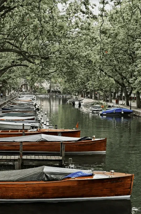 Canal du Thiou à Annecy avec barques en bois amarrées sous les arbres en été.